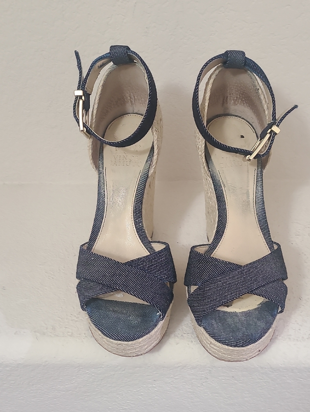 Vince Camuto Navy Denim Crisscross Espadrille Wedge Sandals